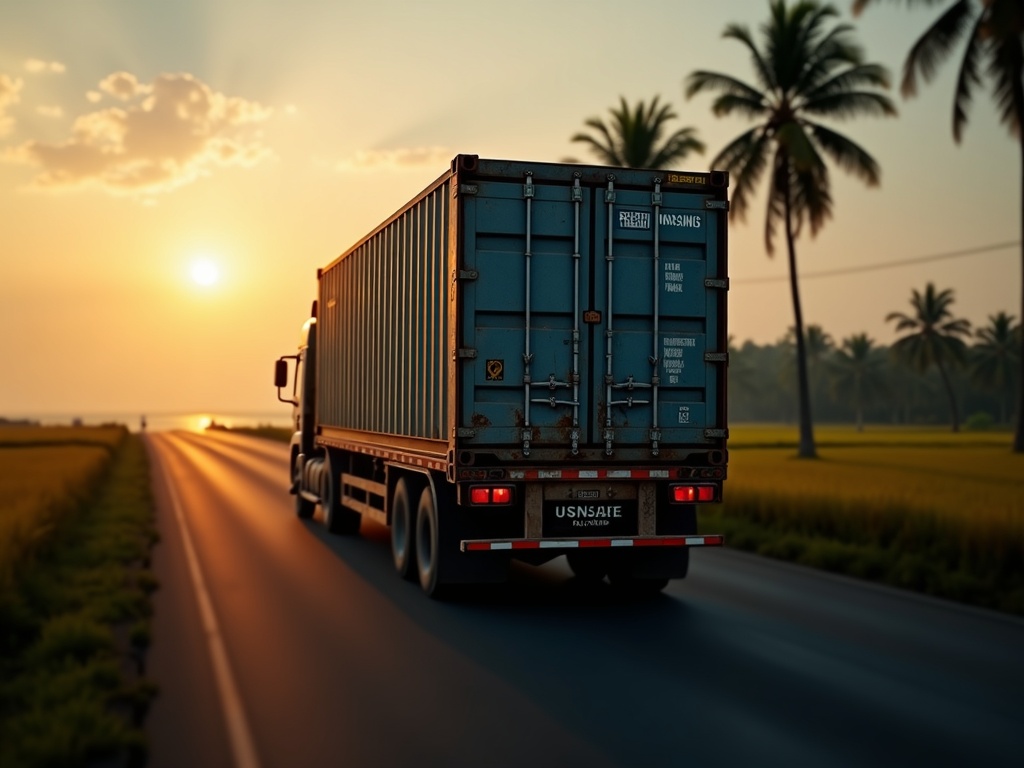 Container truck hauling export cargo overland from Bali toward Surabaya port