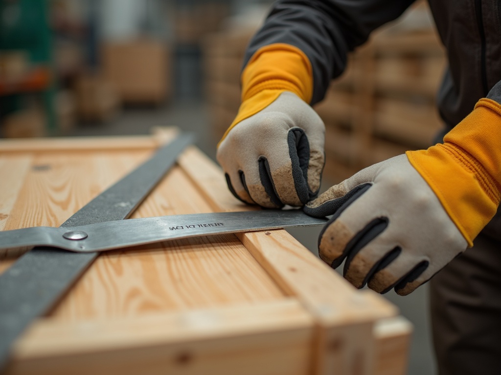 Worker strapping and securing a plywood export crate for sea freight from Bali