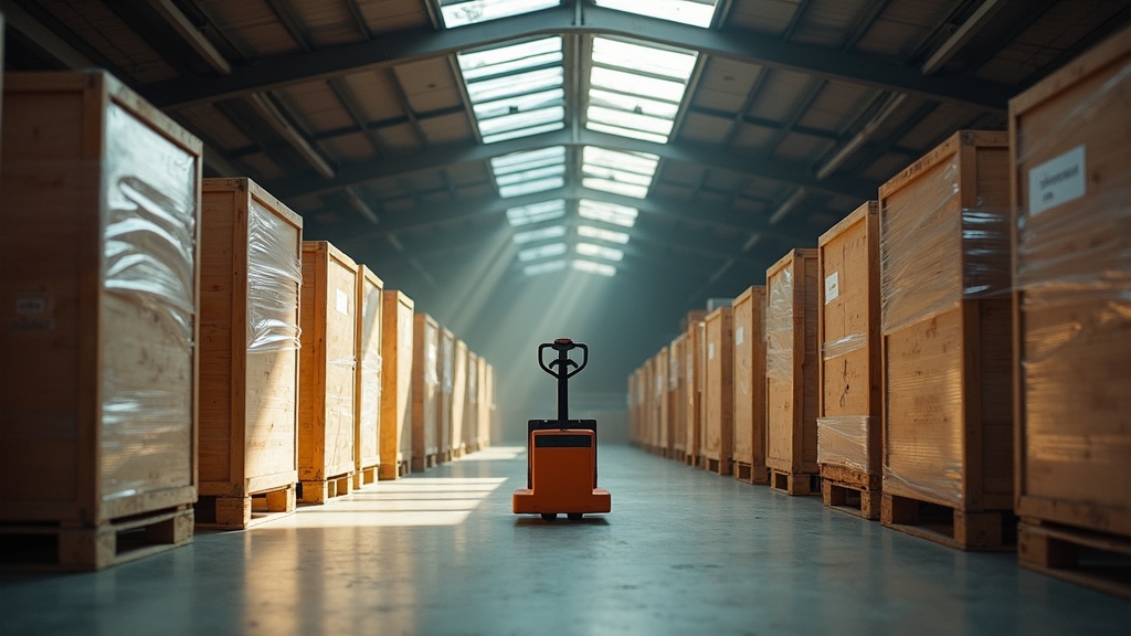 Export crates and pallets being consolidated inside a Bali freight forwarding warehouse